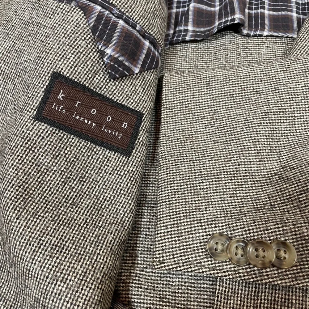 Kroon Tweed Wool Classic Fit Sport Coat Blazer Mens 44R Brown Houndstooth EUC‎